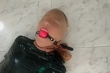 Tape Mummified Girl Pantyhose Hooded And Ball Gagged - porn video