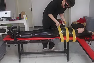 Asian Latex Catsuit Table Tape Bondage - porn video