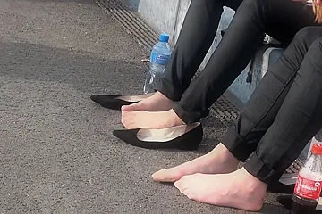 Petite College Girls Resting Their Lovely Feet In Nylon Stockings In Public - porn video