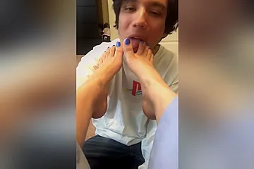 Cute Boyfriend Kissing And Licking My Hot Feet & Toes With Blue Nail Polish - porn video