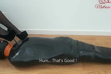 Femdom Mistress Mummified Her Slowly Sissy Slave ! Shoejob Footjob Bondage - porn video