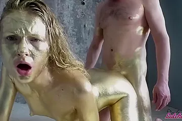 Beauty In Gold Paint Sucks Cock And Fuck - porn video