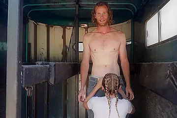 Horse Trainer Fucks Me In Trailer And Snowballs His Huge Cumshot - porn video
